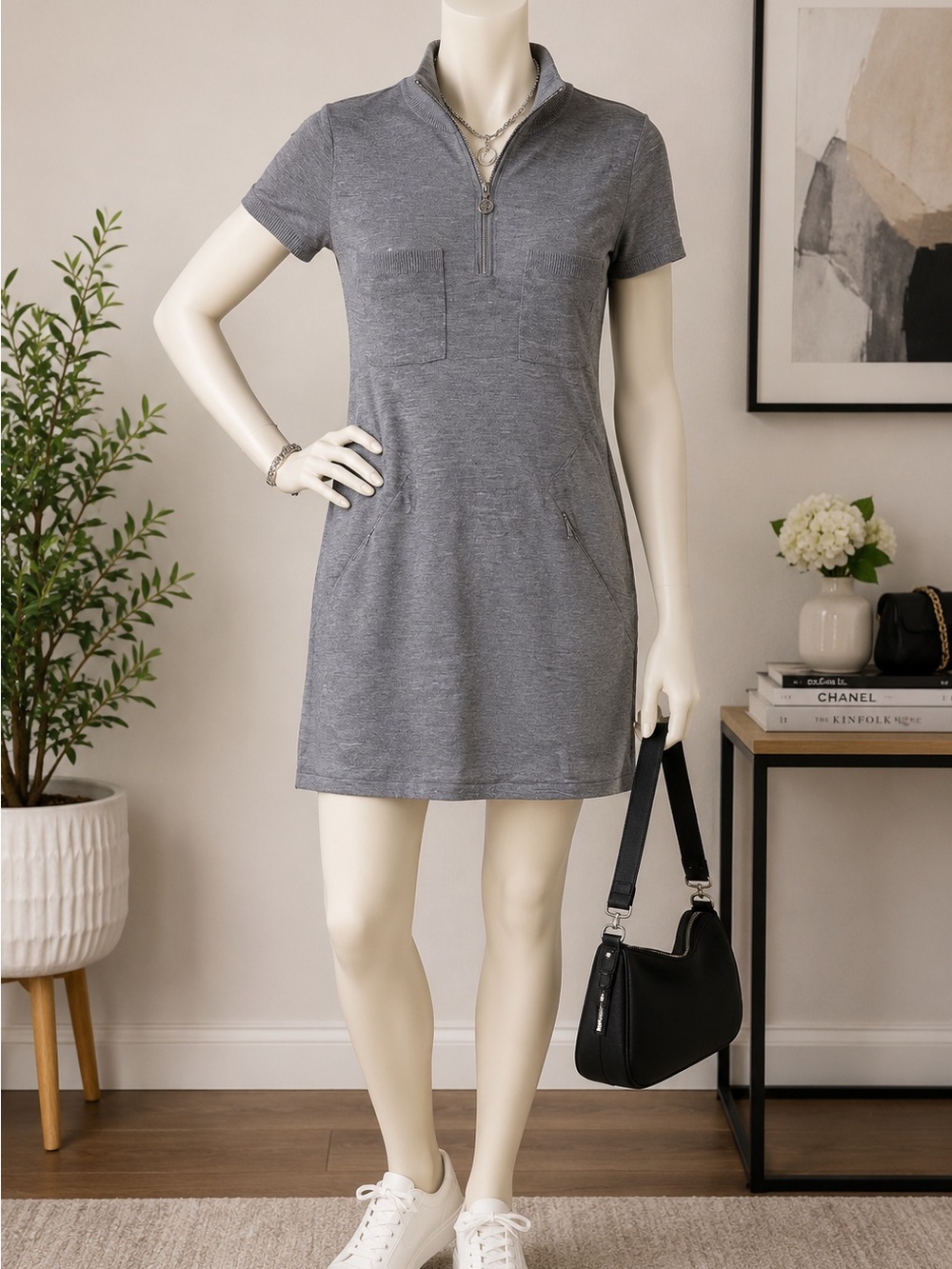 G/FORE Heather Gray Zip-Front Short Sleeve Mini Dress